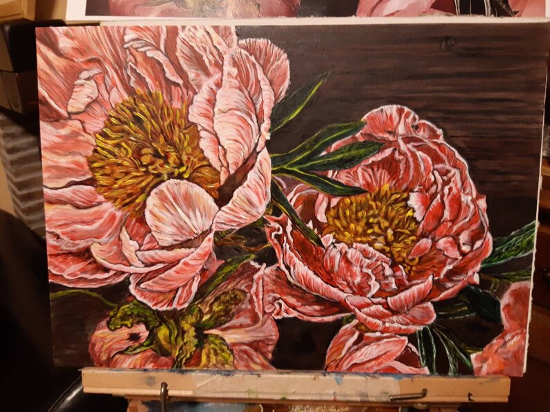 May include: A painting of pink peonies with yellow centers on a dark brown background. The peonies are in full bloom and have a soft, delicate texture.