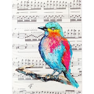 Bird Painting Original Small Wall Art Bird On Music Sheet Oil On Cardboard 5 "By 7" Wall Art Small Size Art For Gift TO ORDER