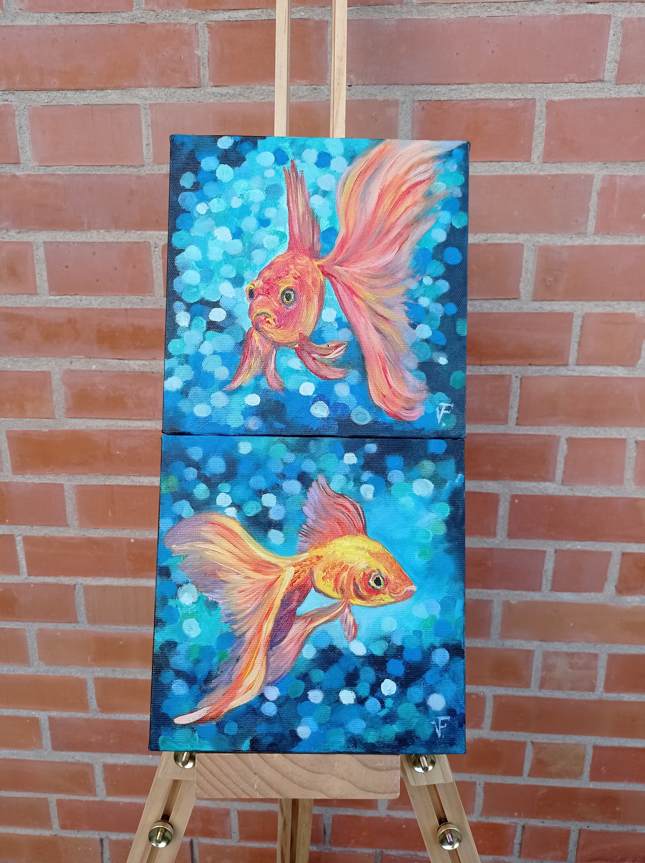 抽象的な油彩画 魚の描写　“遡上する金魚” 金魚のオリジナル絵画、抽象的な魚のアートワーク、3D