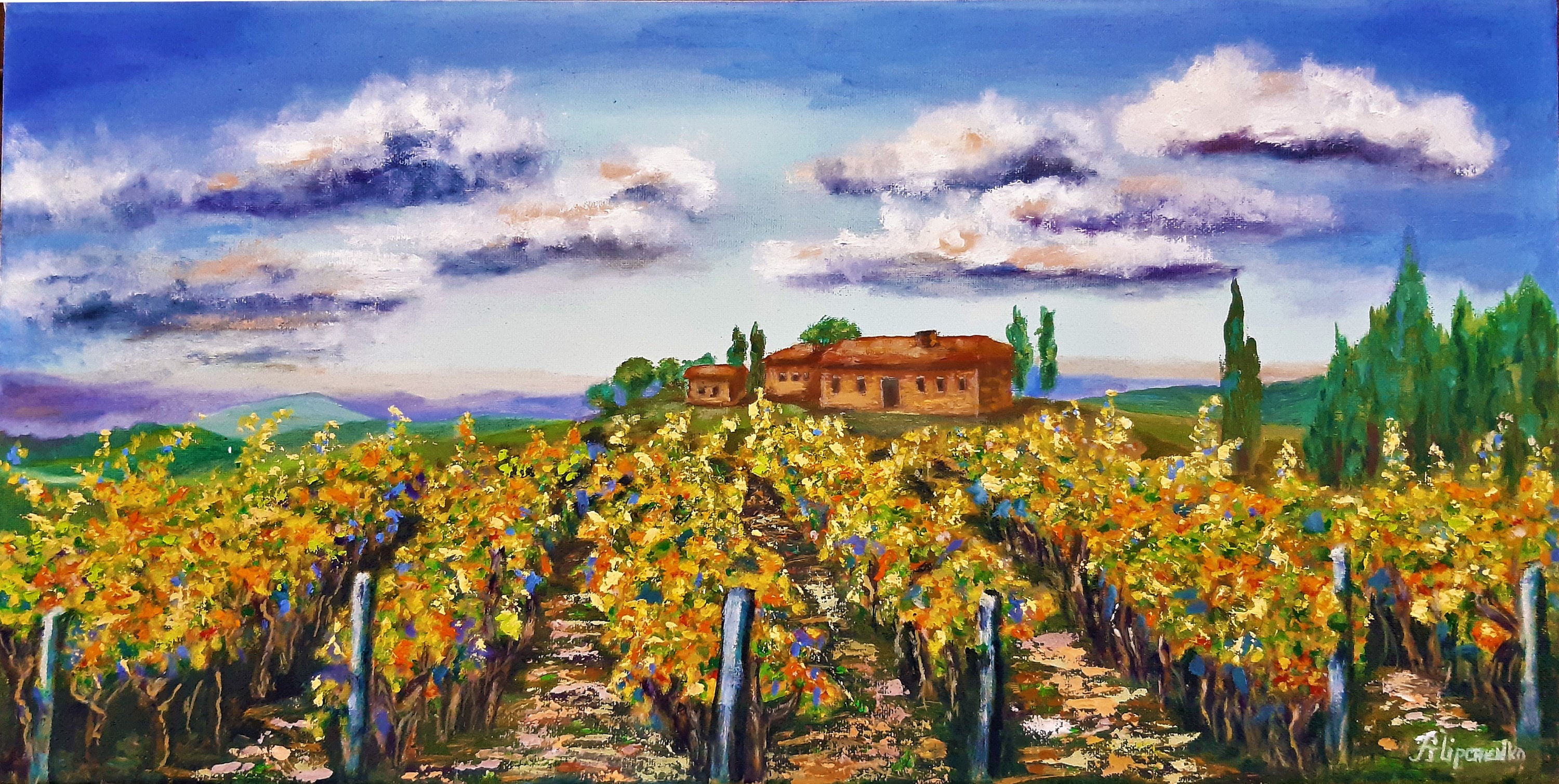 トスカーナ イタリア 秋のブドウ園 風景画 オリジナルアートワーク