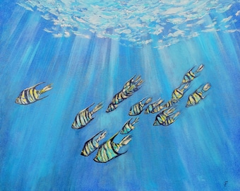 Ozean Fisch Original Gemälde Öl Auf Keilrahmen 50 x 60 cm / 20 x 24 Zoll Unterwasser Gemälde Original Wandkunst Bereit zum Aufhängen