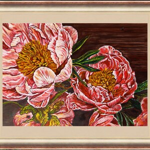 May include: A painting of pink peonies with yellow centers. The flowers are arranged in a cluster and are set against a dark brown background.