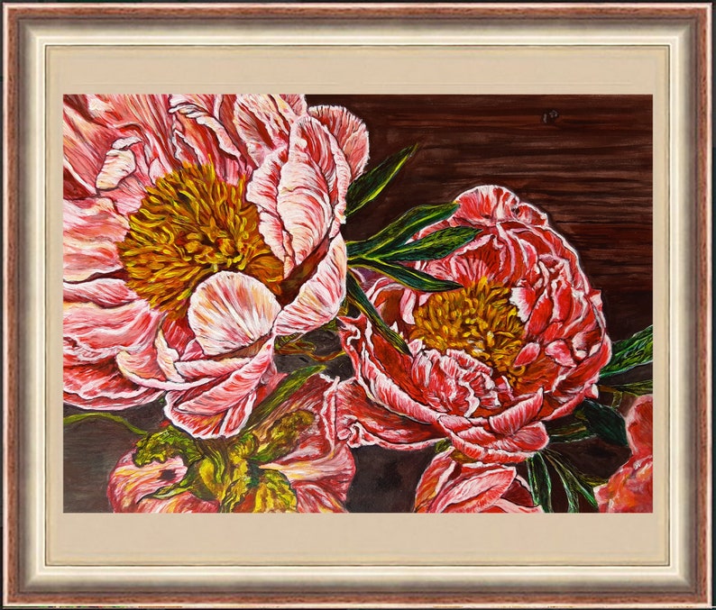May include: A painting of pink peonies with yellow centers. The flowers are arranged in a cluster and are set against a dark brown background.