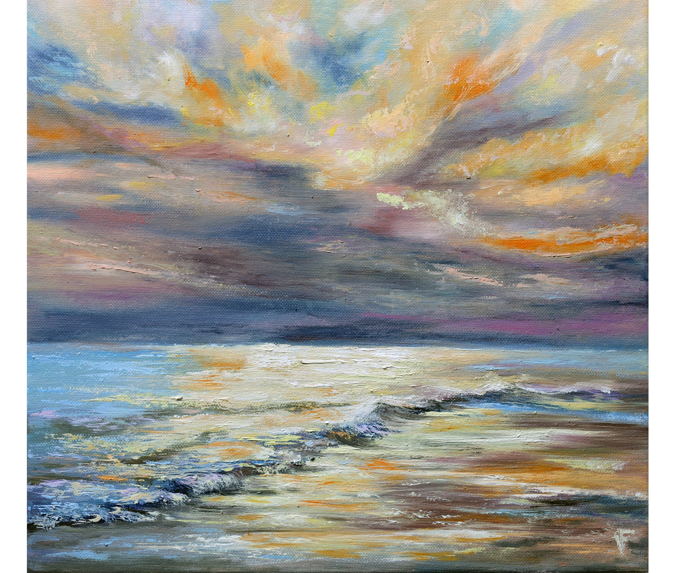 Soft Colors Sunset Ocean Painting Oil on Canvas Seascape 16 by 16 in ...