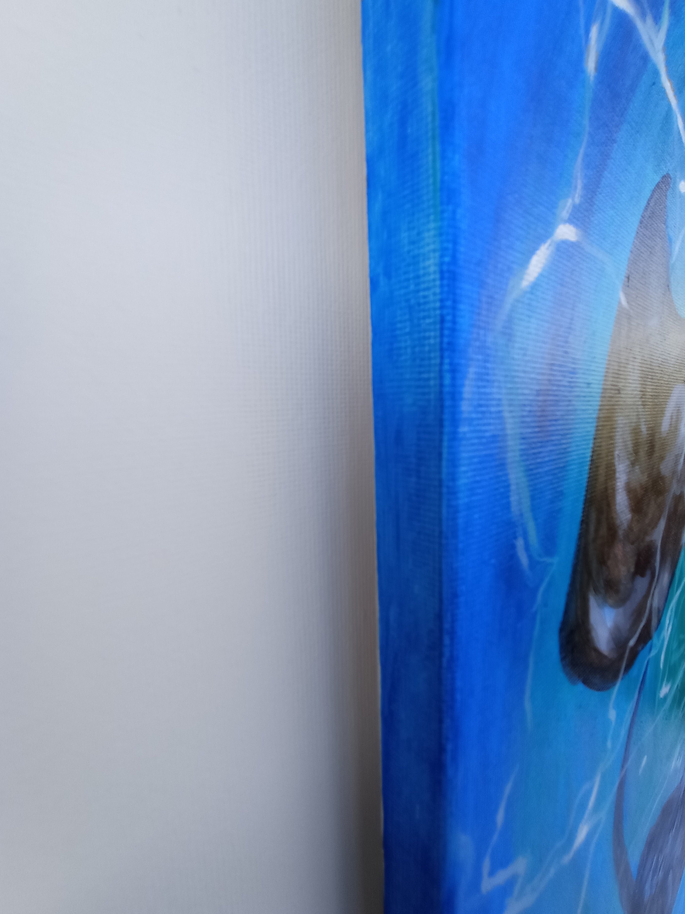 Oil painting of stingrays, an underwater scene.