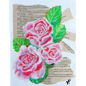 Pintura de flor rosa original floral arte de parede flor em folha de carta óleo em painel de tela 6 "por 8" pol./15 x 20 cm arte de parede pequena para presente.