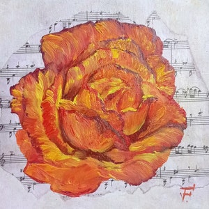 Pintura de flores de rosas Arte floral original de la pared Flor en hoja de letras Óleo sobre panel de lienzo 8 "por 8" pulgadas / 20 x 20 cm Arte de pared pequeño para regalo.