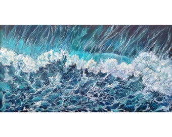 Dark Ocean Waves Painting Abstract Original Oil On Stretched Canvas Artwork 100 By 50 Cm / 39.5 By 20 Inch Canvas Wall Art By Filipchenko V.