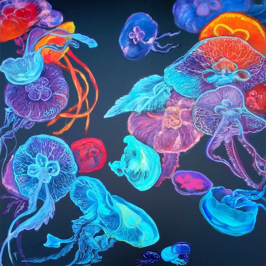 Jellyfish Colored Underwater Animal Original Painting on Black Canvas 70 by 70 Cm / 27,5 by 27,5 ...