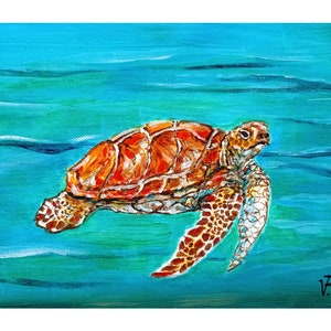 May include: A painting of a sea turtle swimming in turquoise water. The turtle has a brown shell with orange and yellow markings. The water is painted with light blue and green hues.
