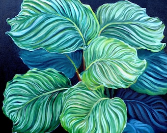 Naturaleza muerta con planta verde, pintura, obra de arte original, óleo sobre lienzo, 23,5" x 23,5" / 60 x 60 cm, arte de pared para el hogar de Bellas Artes de Viktoriya F.