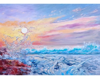 Pintura de pôr do sol no mar, paisagem marinha, céu colorido, arte original em óleo sobre tela, 20 por 27,5 polegadas / 50 por 70 cm, arte de parede para presente