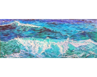 Blue Ocean Water Painting Abstract Original Artwork Oil On Canvas 100 By 40 Cm / 39.5 By 16 Inches Canvas Wall Art By Filipchenko V.