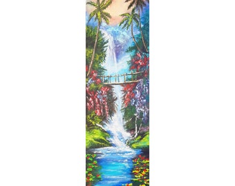 Waterfall Painting Tropical Floral Original Artwork ON COMMISSION Oil On Canvas Narrow Vertical Wall Art  Tropical Landscape .