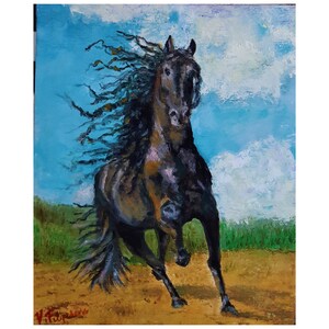 Running Horse Painting Original Handmade Artwork Oil On Panel 10 &quot; by 12  Inches (24 by 30 cm). Wall Art Animal Portrait By Filipchenko V.
