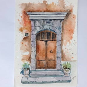 Italian Door Original Watercolor Painting On Watercolor Paper 15 by 21 cm/ 5.8" by 8.4" Cityscape by Viktoriya Filipchenko.