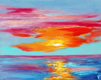 Pôr do sol mar pintura seascape céu colorido arte a óleo original sobre tela pintura 12 por 9.5 polegadas/30 por 24 cm arte de parede para presente
