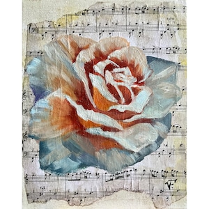 Pintura de flores de rosas Arte floral original de la pared Flor en hoja de letras Óleo sobre lienzo 10 "por 8" pulgadas / 25 x 20 cm Arte de pared pequeño para regalo.