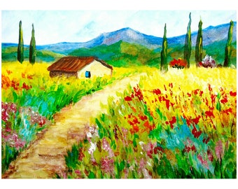 Tuscany Meadow Painting Original Acrylic On Stretched Canvas Artwork Small Painting 7 by 9.5 Inches (18 by 24 cm) Wall Art Fine Art