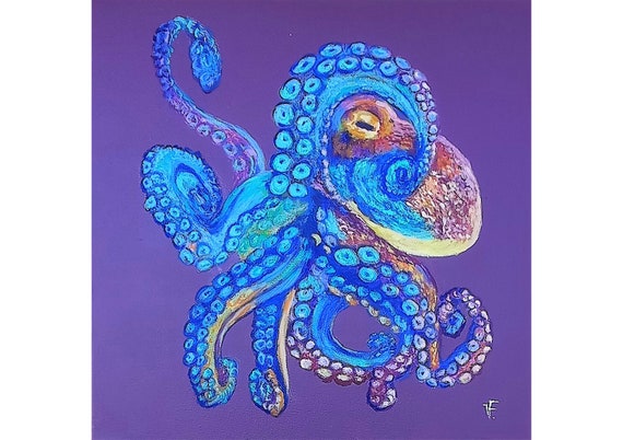 タコの明るい色の絵画 オリジナル油絵 キャンバスアートワーク 40 x 40 
