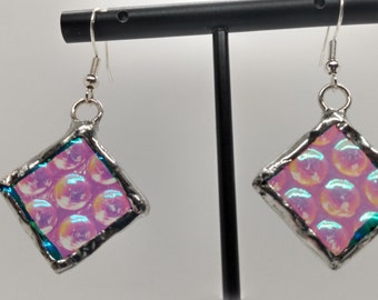 Color-Shifting Bubble Shimmer Dangle Earrings - Unique Dichroic Stained-Glass Jewelry, Transitions to Blue to pink and in between hues