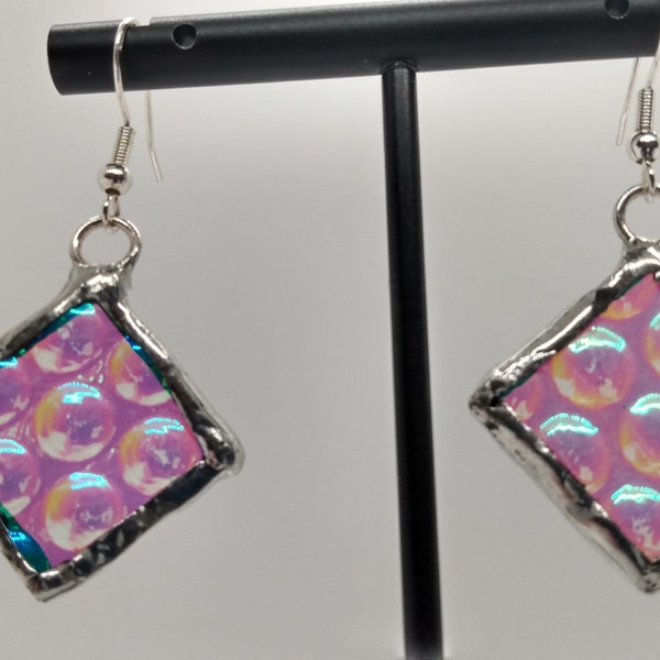 Color-Shifting Bubble Shimmer Dangle Earrings - Unique Dichroic Stained-Glass Jewelry, Transitions to Blue to pink and in between hues