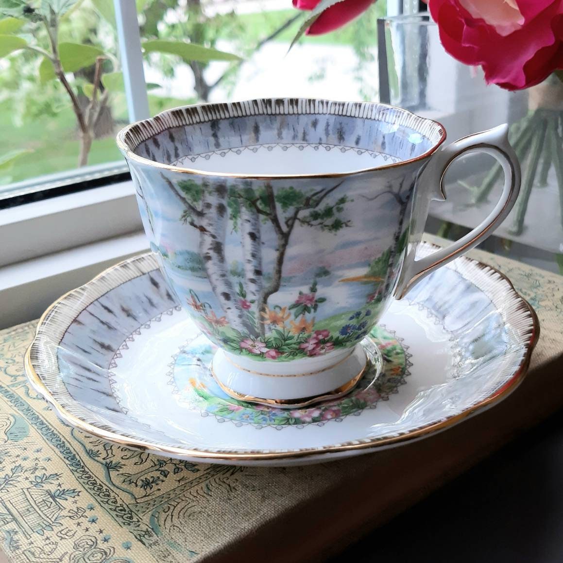 vintage afternoon tea party birthday graduation anniversary bridesmaid gift Royal Albert American Beauty cup and saucer set wedding