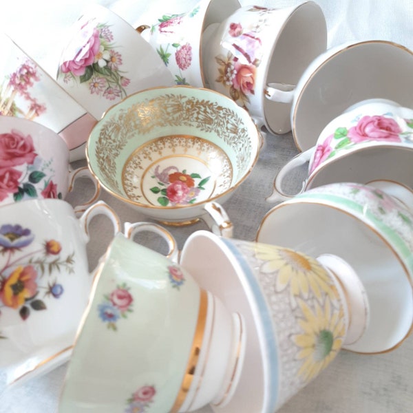 Vintage mismatched teacups, CUPS ONLY, Garden Tea Party, Birthday Bridal Baby shower gift, wedding favors, tea table