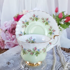 Royal Albert cup and saucer 4346, green with pink roses, vintage afternoon tea party favors, bridesmaid gift, secret Santa, stocking stuffer