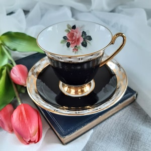 Black Windsor cup and saucer, vintage afternoon tea party, favors, bridesmaid gift, baby bridal shower, teacup, wedding table