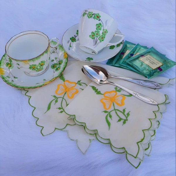 Tea for two: 2 cups and saucers, 2 vintage embroidered napkins, 2 silver plated spoons, Fortnum & Mason tea, vintage afternoon tea party