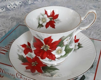 Queen&#39;s Rosina China teacup & saucer, poinsettia pattern, Christmas afternoon tea, Breakfast cup, teacher gift, high tea, secret Santa gift