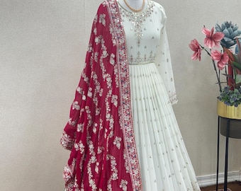 Georgette Anarkali Designer Long Gown Full Sleeves Flared Kurti Dupatta   UPTO 2XL Ladies Partywear Suits Dress Indian Weeding Dress
