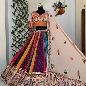 Navratri Chaniya Choli Set: Mirror Work Garba Dress, Muslin Cotton Lehenga with unstich blouse