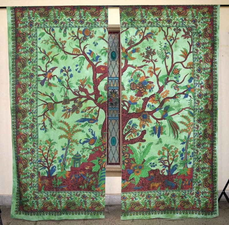 Indian Cotton Life Of A Tree Printed Curtains Set mandala curtains,door valances,balcony curtains,door curtains