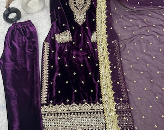 wedding wear Velvet Designer pakistani salwar kameez Embroidery Siquance Work