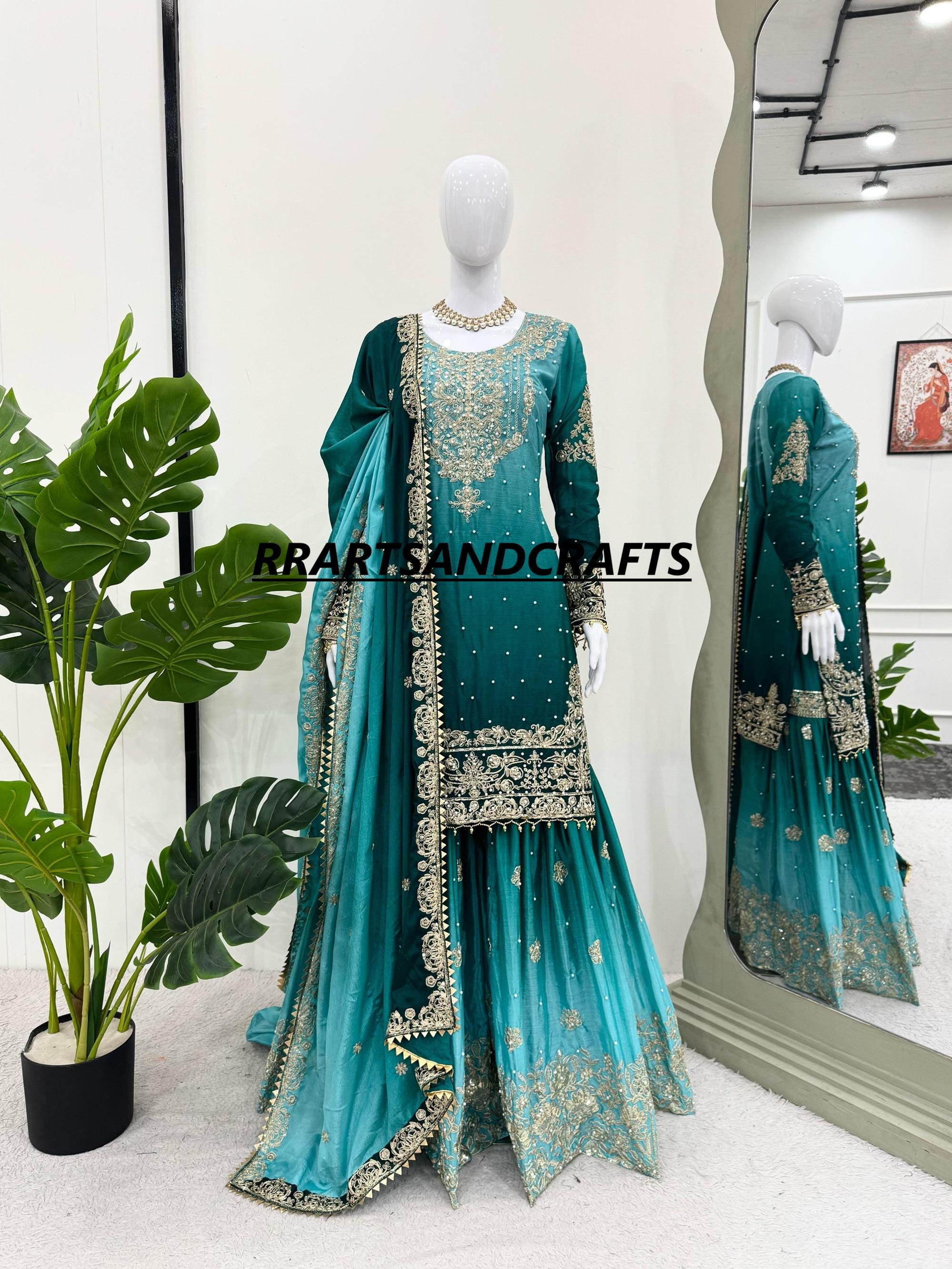 Women's Multicolor Designer Wedding Salwar Kameez with Dupatta for Women, Sharara Suit, Top-Palazzo, Indian Ethnic Suit, Pakistani Suit