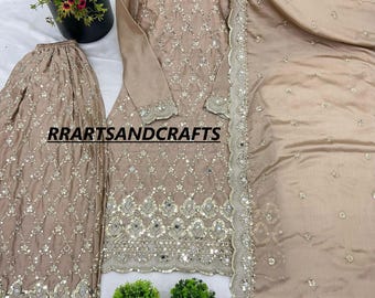New Designer Embroidered Kurta Sharara set 3 Pc Salwar Kameez Readymade Bollywood Inspired Designer Wear, Wedding Kurta Sharara,Suit for Eid