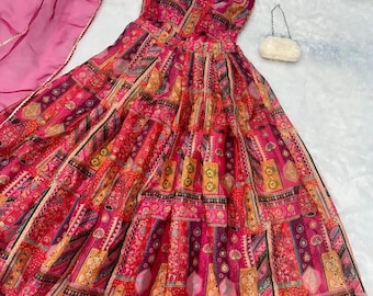 Orange Anarkali gown silk digital printed Indian Designer Wedding Lengha Party Wear And Bridal Wear anarkali dress Organza Indian Outfit
