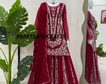 Women's red Designer Wedding Salwar Kameez with Dupatta for Women, Sharara Suit, Top-Palazzo, Indian Ethnic Suit, Pakistani Suit