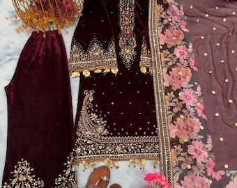 Beautiful Ready To Wear Maroon Coloured Pure Viscose Velvet With Embroidery Heavy Suit For Women