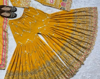 Yellow Readymade salwar kameez, Stitched wedding Salwar Kameez, Sharara suit, Eid party Wear Suit, Kurta Palazzo set, salwar suit For Women