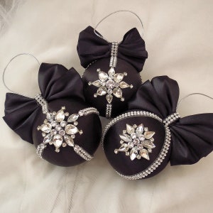 Black Christmas ball ornaments handmade with rhinestones Jeweled Xmas holiday tree baubles Unique Christmas tree balls