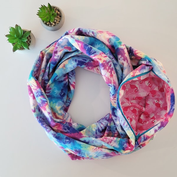 Tie Dye Scarf-Hidden Pocket Scarf-Flannel Scarf-Infinity Scarf - Tie Dye - Flamingo - Flamingle - 60's - Hippie - Scarf  -Fall Halloween