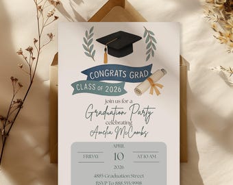 May include: Graduation party invitation with a black mortarboard, scroll, and text that reads "CONGRATS GRAD CLASS OF 2026." The invitation includes the date, time, and location for the event, with the name Amelia McCombs.