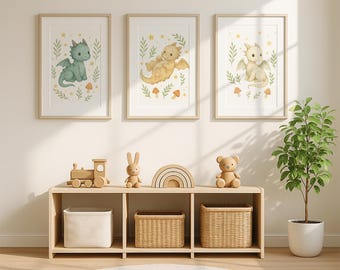 Juego de 3 impresiones de dragón en acuarela para pared de habitación infantil / Decoración de fantasía neutra para habitación infantil / Descarga digital