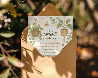 May include: A square invitation card with the text "a little sprout is on the way!" is inside a brown envelope. The card features watercolor illustrations of hanging plants and butterflies. The invitation is for a celebration on September 20th.