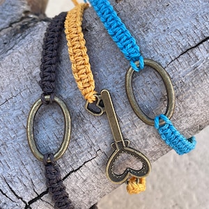 Friendship Bracelets square knot blue brown and mustard colors