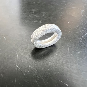 Könnte beinhalten: Ein strukturierter Silberring mit einem rindenartigen Design. Der Ring hat ein abgerundetes Band und eine glatte Innenseite. Der Ring ist ein Schmuckstück.