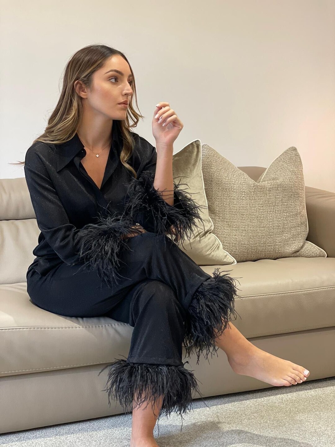 Luxury Black Sparkly Lurex Feather Co-ord With Detachable Feathers ...